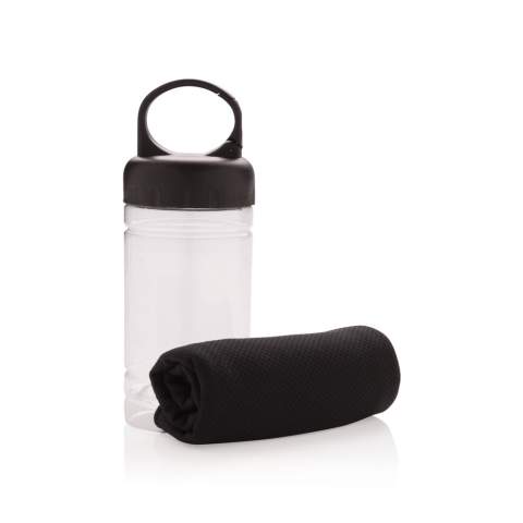 Mikrofaser Kühlhandtuch ( ca. 77x30cm) mit 98% Sun-Blocker-Funktion bis zu UV50+. Einfach etwas kühles Wasser zum Handtuch in die Dose geben und fertig ist die Erfrischung. Die Dose aus PP, der Deckel aus ABS und das ganze mit einem Karabiner, um sie bei allen Outdoor-Aktivitäten immer dabei zu haben.