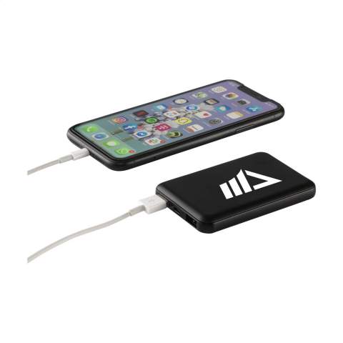 Small, light and very powerful power bank with built-in lithium polymer battery (5000 mAh). The casing is made from recycled ABS plastic. Input 5V/2A. Dual output: 2 x 5V/2A. Includes USB-C charging cable and user manual. RCS-certified. Total recycled material: 45%. Each item is individually boxed.