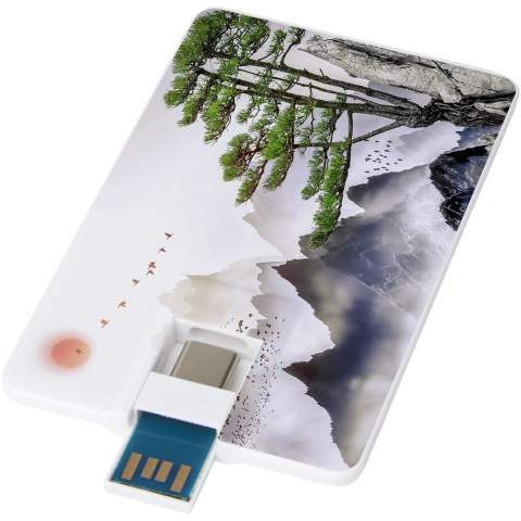 Next GEN drehbarer USB-Stick mit 32 GB und zwei Anschlüssen (Typ-C und USB-A). USB 3.0 mit einer Schreibgeschwindigkeit von 9 MB/s und einer Lesegeschwindigkeit von 20 MB/s. Wird in einem Umschlag geliefert.