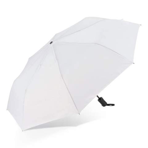 Faltbarer 21.5"-Regenschirm mit robustem Glasfasergestell und 190T Pongee-Bespannung. Windfest, mit automatischer Öffnung, manueller Schließung, Hülle, Kordel und komfortablem ABS-Griff.
