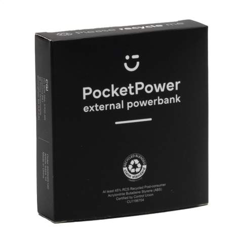 Small, light and very powerful power bank with built-in lithium polymer battery (5000 mAh). The casing is made from recycled ABS plastic. Input 5V/2A. Dual output: 2 x 5V/2A. Includes USB-C charging cable and user manual. RCS-certified. Total recycled material: 45%. Each item is individually boxed.