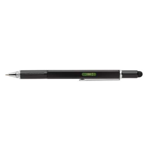 Multifunction pen with ruler (7cm) , spirit level, screw driver, stylus tip and ballpoint with blue writing ink (up to 400m) Made out of high quality brass material with aluminium clip.
