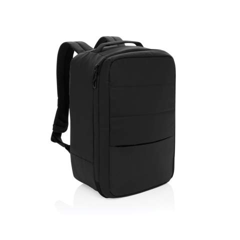The Armond Aware™ RPET Free On Board Travel Pack is designed for the budget-conscious or short business traveller. Made from rPET with a PU water-resistant coating and backed with AWARE technology, this backpack features a 15 inch padded laptop compartment on the right side, perfect for MacBooks or smaller devices. The interior, lined with rPET, ensures your belongings stay organised, while the adjustable shoulder straps and sturdy webbing handle on top provide comfort and convenience. With a front zipper pocket and a mini trolley compartment complete with an elastic strap, this pack is perfect for business or weekend trips. Its compact size fits under any budget airline seat, so you won't have to worry about extra baggage fees. Made with recycled polyester embedded with the AWARE™ tracer. 2% of proceeds of each product sold with AWARE™ will be donated to Water.org. PVC free.<br /><br />FitsLaptopTabletSizeInches: 15.0<br />PVC free: true