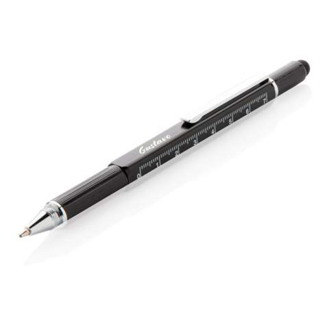 Multifunctionele touchscreen pen (blauw schrijvend) met lineaal (7 cm), waterpas en schroevendraaier. Gemaakt van hoogwaardig aluminium en aluminium clip.