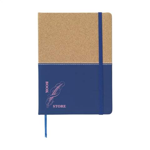 Carnet de notes de style duo en liège et en imitation cuir d'un format pratique avec environ 72 feuilles / 144 pages de papier (70 g/m²) lignées de couleur crème et fermeture par élastique.