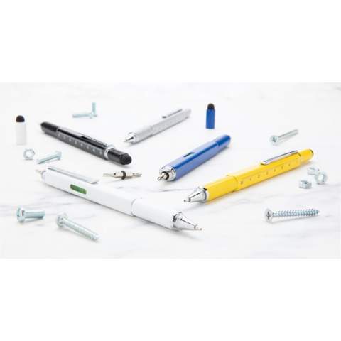 Multifunction pen with ruler (7cm) , spirit level, screw driver, stylus tip and ballpoint with blue writing ink (up to 400m) Made out of high quality brass material with aluminium clip.