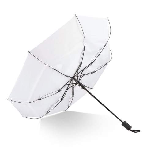 Faltbarer 21.5"-Regenschirm mit robustem Glasfasergestell und 190T Pongee-Bespannung. Windfest, mit automatischer Öffnung, manueller Schließung, Hülle, Kordel und komfortablem ABS-Griff.
