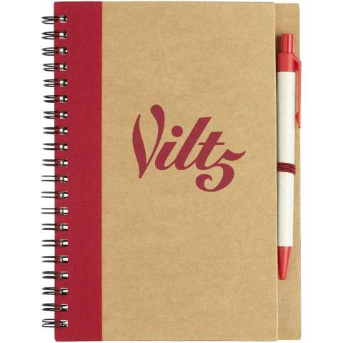 Recycled paper cover notebook with 60 sheets of lined recycled reference paper with matching pen. Pens packed together with notebook.