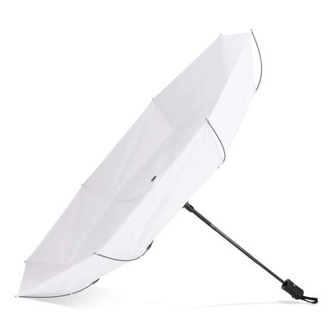 Faltbarer 21.5"-Regenschirm mit robustem Glasfasergestell und 190T Pongee-Bespannung. Windfest, mit automatischer Öffnung, manueller Schließung, Hülle, Kordel und komfortablem ABS-Griff.
