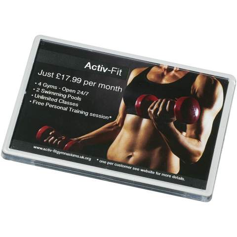 A magnet that offers a large branding area. Includes a paper insert with your company design.