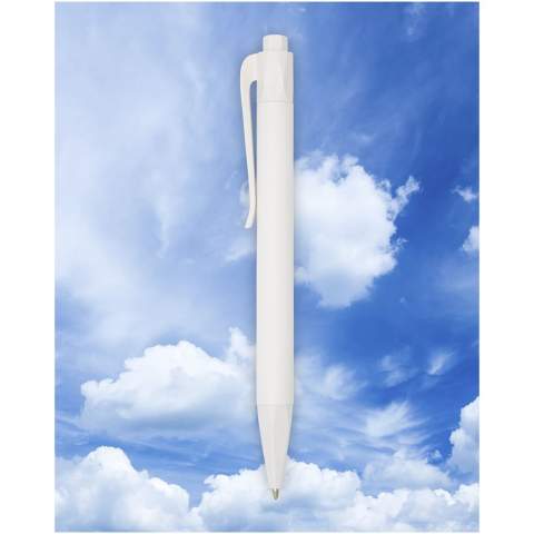 Click action longlasting and refillable ballpoint pen produced from 100% PLA (corn plastic) which reduces the amount of plastic used. Includes a refill with a writing length of approximately 2000 metres. The pen is delivered with a blue ink refill. Packed in a cardboard pen sleeve.  