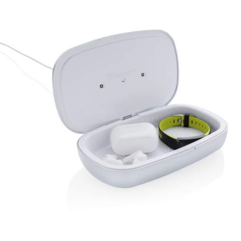Multifunction UV-C steriliser that kills up to 99,9% of the bacteria placed inside the device. Simply place objects like earbuds, jewellery, watches and facemask inside the steriliser to sterilise them using UV-C technology. You can choose to do a quick clean in 90 seconds or a complete clean in 5 minutes. The 2 UV-C LED light inside is non-toxic and made without mercury unlike many UV lamps in the market. The design also will make sure that the UV-C led light will switch off automatically when the box is opened so the user will not be exposed to the UV-C light. The lights have a lifecycle of 10.000 hours. On top of the steriliser is a bamboo material 5W wireless charger to charge your mobile device. Including 100 cm PVC free TPE type C cable.  Input: 5V/1.5A; Output: 5/1A - 5W. UV-C wavelength 270nm-280nm<br /><br />WirelessCharging: true
