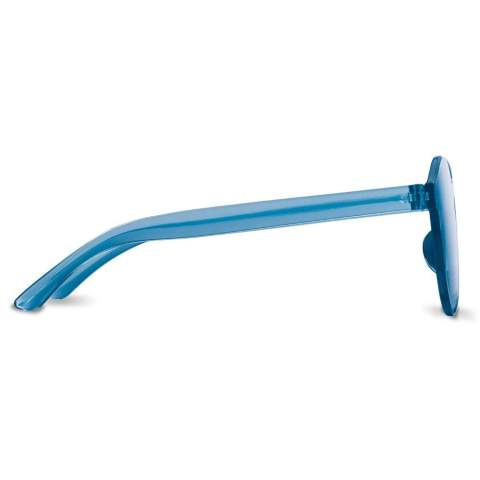 Bright retro-style sunglasses with consistent transparent pastel tone frame and lens. The lens comes with a UV400 filter making these the perfect accessory for festival grounds or town.