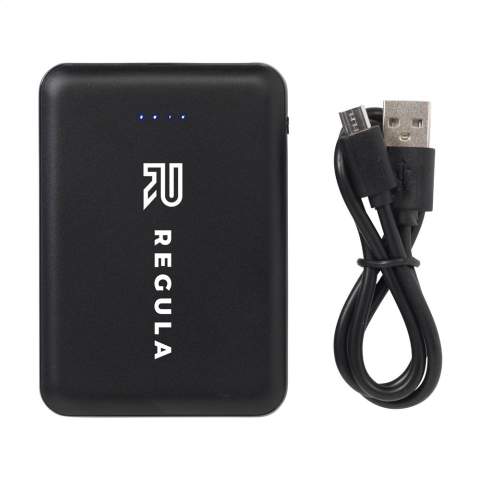 Small, light and very powerful power bank with built-in lithium polymer battery (5000 mAh). The casing is made from recycled ABS plastic. Input 5V/2A. Dual output: 2 x 5V/2A. Includes USB-C charging cable and user manual. RCS-certified. Total recycled material: 45%. Each item is individually boxed.