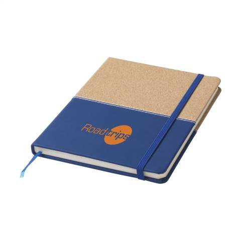 Carnet de notes de style duo en liège et en imitation cuir d'un format pratique avec environ 72 feuilles / 144 pages de papier (70 g/m²) lignées de couleur crème et fermeture par élastique.
