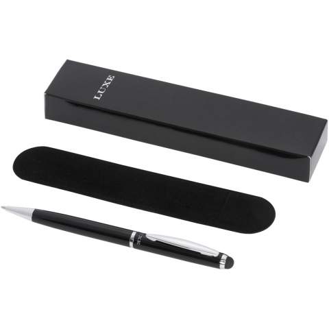 Exclusively designed twist action mechanism stylus ballpoint pen with velvet pouch. Packed in a ''LUXE'' gift box (size: 17 x 3.5 x 2cm).
