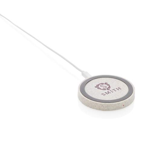 Draadloze oplader gemaakt van tarwevezel (15%) gemengd met ABS om alle draadloze apparaten op te laden. Met siliconen ring die voorkomt dat je telefoon wegglijdt. De LED-indicator gaat branden wanneer het apparaat wordt opgeladen. Compatibel met alle QI-apparaten zoals de nieuwste generatie van Android, iPhone 8 en hoger. Input 5V / 1,5A. Draadloze output 5V / 1A, 5W. Inclusief 50 cm PVC-vrije TPE micro USB-kabel.<br /><br />WirelessCharging: true
