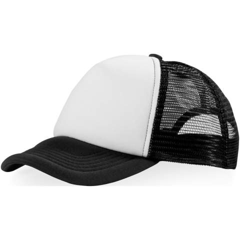 The Trucker 5 panel cap is a classic trucker cap with 100 g/m² polyester jersey foam at the front, and breathable polyester mesh at the back. This cap features a convenient plastic closure for a secure fit for a head circumference of 58 cm, ensuring a comfortable and customised feel.