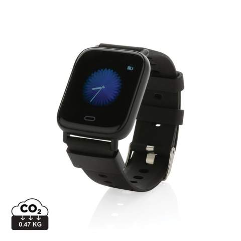 Modern lifestyle watch with 1.3” point touch colour screen to track your activities all day long. Made with RCS (Recycled Claim Standard) certified recycled TPU armband and ABS frame. Total recycled content: 31% based on total item weight. RCS certification ensures a completely certified supply chain of the recycled materials. Features include: Step count, calories, distance, multi-sport tracking alarm clock, heart rate tracking, blood pressure monitoring, sleep monitor, calendar updates, make and receive calls, notifications: SMS, Facebook, Skype, WhatsApp, Twitter etc. Compatible with Android 4.4 and IOS 8.0 and above. IPX 67 water resistant and dustproof. BT 5.0. Standby time of 15 days and working time up to 5 days. Including clip charger to charge the watch. Packed in FSC® mix kraft packaging. Item and accessories 100% PVC free.<br /><br />HasBluetooth: True<br />PVC free: true