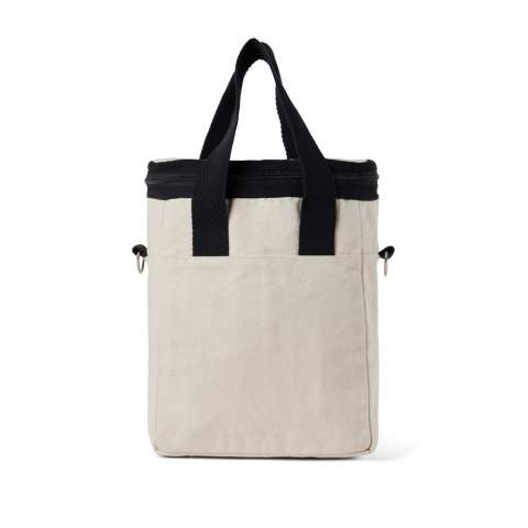 This cooler tote is ideal for carrying picnic essentials and ensuring they remain chilled, or for safeguarding your supermarket purchases to keep them fresh. Featuring an adjustable shoulder strap and robust handles for versatile carrying options. Crafted from 500 gsm recycled canvas. The canvas remains undyed and unbleached, eliminating any environmental impact from chemicals. Crafted from 70% recycled cotton and 30% recycled polyester, this bag reinforces our dedication to responsible sourcing. It also features the AWARE™ tracer technology, validating the genuine use of recycled materials. 2% of the proceeds of each product sold will be donated to Water.org.