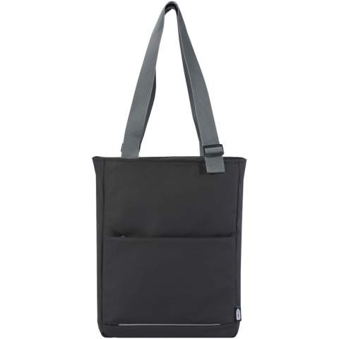 Water-resistant laptop tote bag made from GRS recycled materials, including the zips. It features a dedicated tablet sleeve, a 14” laptop compartment, multiple pockets for organisation, a front pocket with organisation panel, adjustable 35 cm long handles, and a luggage strap. The GRS recycled materials include the main fabric, lining, webbing, and zips. Capacity: 14 litres. PVC free.