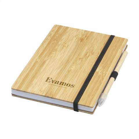 WoW! Environmentally friendly, A5-sized notebook with sturdy bamboo hardcover, equipped with a handy pen loop and closing elastic. The notebook has approximately 80 sheets/160 pages of white, lined, recycled FSC®MIX-certified paper (80 g/m²). This notebook comes with a sustainable bamboo pencil with a cap. This pencil has a graphite point with a writing length of up to approx. 20,000 metres. It writes like a traditional pencil and can be erased. The tip does not need to be sharpened and wears very slowly, making the pencil last up to 100 times longer than a traditional pencil. A perfect, long-lasting combination for note-taking. Each item supplied with an individual kraft sleeve.