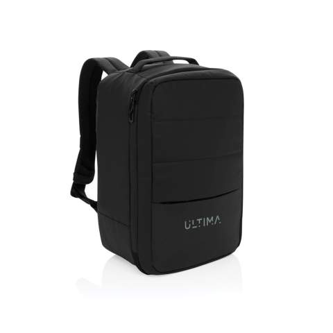 The Armond Aware™ RPET Free On Board Travel Pack is designed for the budget-conscious or short business traveller. Made from rPET with a PU water-resistant coating and backed with AWARE technology, this backpack features a 15 inch padded laptop compartment on the right side, perfect for MacBooks or smaller devices. The interior, lined with rPET, ensures your belongings stay organised, while the adjustable shoulder straps and sturdy webbing handle on top provide comfort and convenience. With a front zipper pocket and a mini trolley compartment complete with an elastic strap, this pack is perfect for business or weekend trips. Its compact size fits under any budget airline seat, so you won't have to worry about extra baggage fees. Made with recycled polyester embedded with the AWARE™ tracer. 2% of proceeds of each product sold with AWARE™ will be donated to Water.org. PVC free.<br /><br />FitsLaptopTabletSizeInches: 15.0<br />PVC free: true