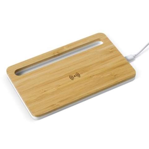 5W wireless charging station made of bamboo. Simply place the wireless charging enabled phone onto the charging pad and it will charge itself. Comes packaged in a gift box.