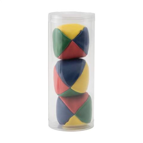 Juggling set: 3 colourful soft grain balls. In a tube.