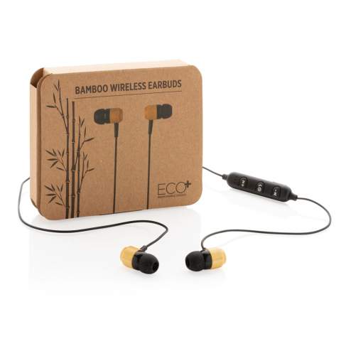 Eco wireless earbuds packed in ECO pouch. The bamboo earbuds fit perfectly to listen to your favorite music in a sustainable way. The earbuds have magnetic ends to join them together when not using. With 55 mAh battery that allows a play time up to 3 hours and re-charging in 1 hour. With BT 5.0 for smooth connection and operating distance up 10 metres. Includes 3 size ear tips.<br /><br />HasBluetooth: True