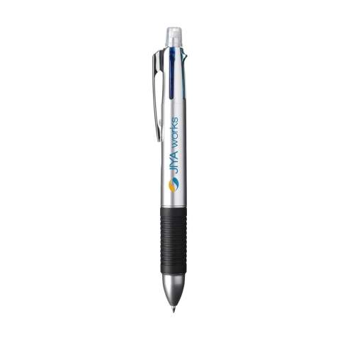 4-colour ballpoint pen and mechanical pencil in one. Eraser under the removable top. Rubber grip. Equipped with blue, green, red and black ink.