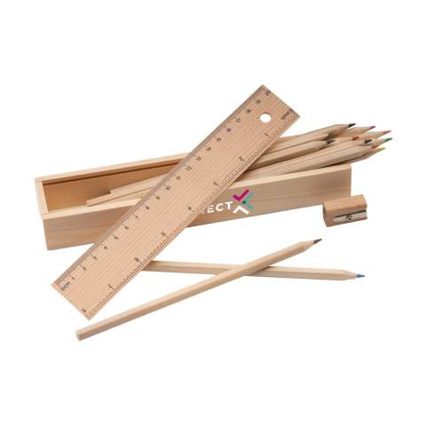 Boîte en bois avec couvercle (règle 20 cm), 12 crayons de couleur non-vernis avec taille-crayon en bois.