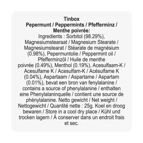 Boîte de bonbons en métal mat remplie avec environ 25 g de pastilles à la menthe.