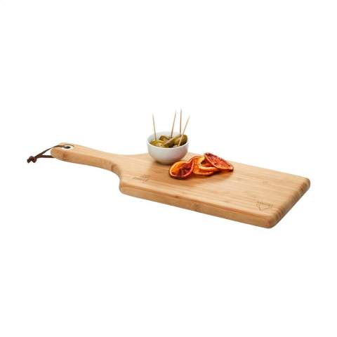 Branded chopping board by Diamant Sabatier. Made from very strong and beautiful bamboo. Finished and polished. Hygienic, antibacterial and easy to clean. With metal ring and leather suspension cord. A high-class product.  NOTE: Due to the natural grains and contours of bamboo, we cannot guarantee consistency in depth/colour of the engraving.