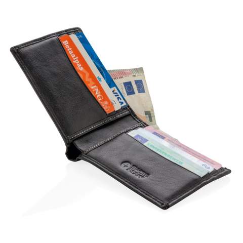 A timeless premium PU leather bi-fold wallet that is ready for the 21st century. Slim design with plenty of room for all your cards (6 slots, maximum 12 cards). Keeps your personal belongings safe with anti-skimming protection.