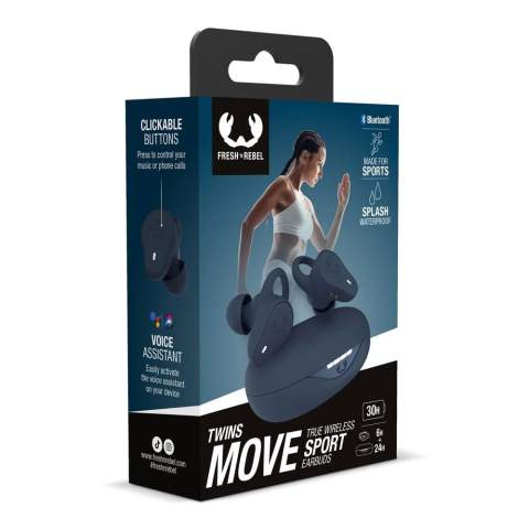 Les écouteurs Twins Move True Wireless sont spécialement conçus pour être utilisés pendant votre entraînement. Grâce à la forme, à l'ajustement et aux ailettes d'oreille, vous pouvez profiter de vos rythmes préférés à chaque pas (ou push-up). Vous n'avez pas besoin de vous retenir, car ils résistent à la transpiration. Le boîtier résistant aux éclaboussures (IPX4) des écouteurs garantit leur protection contre les éclaboussures telles que la sueur et la pluie. Vous pouvez appuyer sur les écouteurs Move pour mettre votre musique en pause, sauter une chanson ou répondre à un appel téléphonique pendant votre entraînement, sans avoir à prendre votre téléphone avec vous. Les écouteurs ont une autonomie de 6 heures et, avec l'étui de chargement, de 24 heures supplémentaires. L'autonomie totale du Move est donc de 30 heures.
