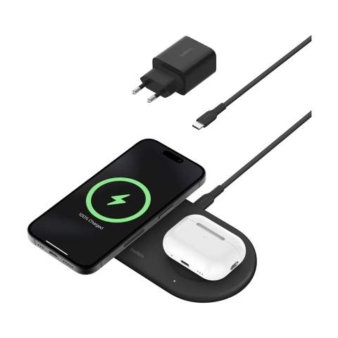 BoostCharge™ Pro 2in1 Qi2 15W magnetic charger from the Belkin brand. With a casing made from recycled plastic. This charging station delivers up to 15W for fast wireless charging of your iPhone, 15.5W for your AirPods and 5W via a USB-C port for charging an additional device. Place your iPhone on the charging station and benefit from proper alignment, optimised power consumption and longer battery life thanks to Qi2 technology. Universally compatible, this charging station supports fast wireless charging of Qi2-compatible devices with up to 15W of power, including iPhone and Android. Includes 30W power adapter, USB-C/USB-C cable and user manual. 100% plastic-free packaging. Each item is individually boxed.
