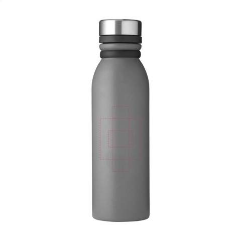 Double-walled, vacuum-insulated, leak-proof stainless steel water bottle/thermo bottle. The screw cap is attached to a rotatable silicon carrying strap and remains attached when the bottle is open,  so you always have one hand free. Suitable for maintaining the temperature of cold or hot drinks. Capacity 600 ml. Each item is individually boxed.