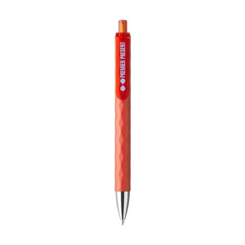 Stylo bleu avec clip transparent et bouton poussoir avec corps resistant et motif graphique en forme de diamant en 3D.