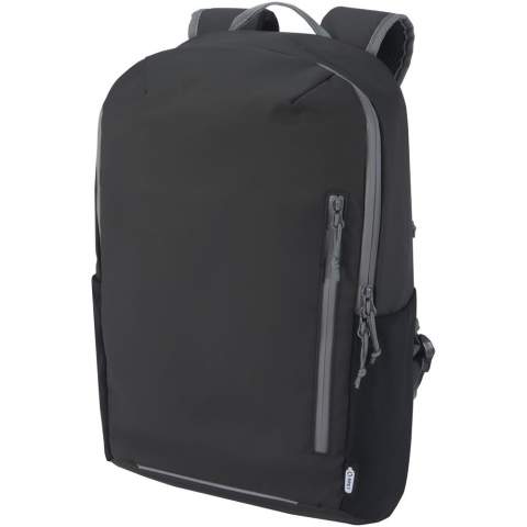 Water-resistant laptop backpack made from GRS certified recycled materials, including the zips. It features a padded 15" laptop compartment with side opening for quick access, multiple mesh pockets, zipped front pocket, and reflective piping for visibility. The moulded and padded backing and adjustable chest strap makes it comfortable to carry around even when fully loaded. The GRS recycled materials include the main fabric, lining, webbing, and zips. Capacity: 21 litres. PVC free.