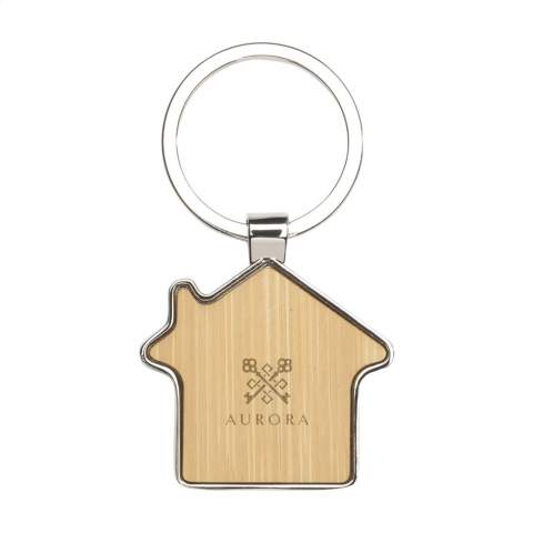 Polished metal and bamboo keyring in the shape of a house. A sturdy design made to be a sustainable and responsible product. Each item is supplied in an individual brown cardboard envelope.