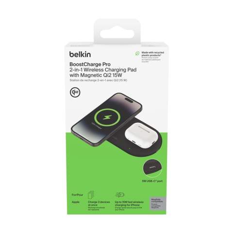 BoostCharge™ Pro 2in1 Qi2 15W magnetic charger from the Belkin brand. With a casing made from recycled plastic. This charging station delivers up to 15W for fast wireless charging of your iPhone, 15.5W for your AirPods and 5W via a USB-C port for charging an additional device. Place your iPhone on the charging station and benefit from proper alignment, optimised power consumption and longer battery life thanks to Qi2 technology. Universally compatible, this charging station supports fast wireless charging of Qi2-compatible devices with up to 15W of power, including iPhone and Android. Includes 30W power adapter, USB-C/USB-C cable and user manual. 100% plastic-free packaging. Each item is individually boxed.