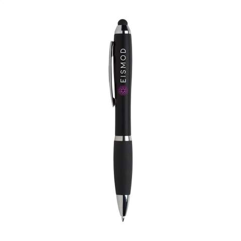 Blue ink ballpoint pen with coloured barrel, rubber grip, glossy accents, recess in metal clip and rubber top/pointer to operate touch screens (eg iPhone/iPad).