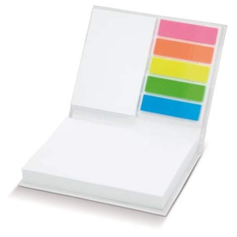 Notebook with sticky notes: 100 large adhesive notes of 100x75mm, 25 small adhesive notes of 50x75mm, and 25 sheets of page markers in 5 colours.