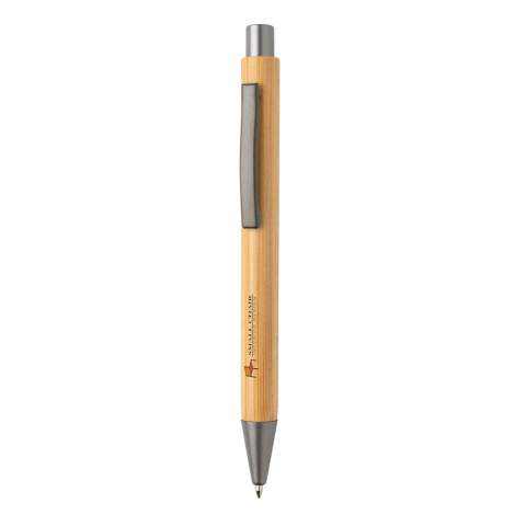 Stylo moderne à clic fabriqué en bambou et détails en métal. Encre bleue Dokumental® de fabrication allemande pour +/- 1200m d’écriture et bille en carbure de tungstène assurant une écriture régulière.
