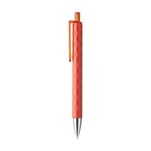 Stylo bleu avec clip transparent et bouton poussoir avec corps resistant et motif graphique en forme de diamant en 3D.