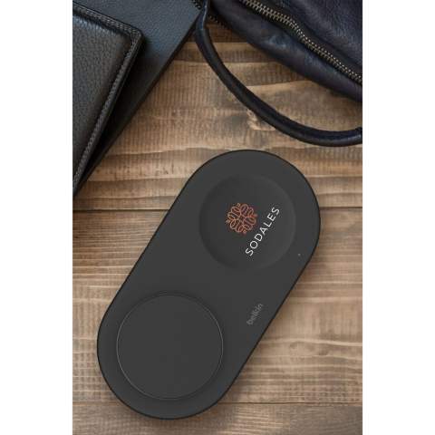 BoostCharge™ Pro 2in1 Qi2 15W magnetic charger from the Belkin brand. With a casing made from recycled plastic. This charging station delivers up to 15W for fast wireless charging of your iPhone, 15.5W for your AirPods and 5W via a USB-C port for charging an additional device. Place your iPhone on the charging station and benefit from proper alignment, optimised power consumption and longer battery life thanks to Qi2 technology. Universally compatible, this charging station supports fast wireless charging of Qi2-compatible devices with up to 15W of power, including iPhone and Android. Includes 30W power adapter, USB-C/USB-C cable and user manual. 100% plastic-free packaging. Each item is individually boxed.