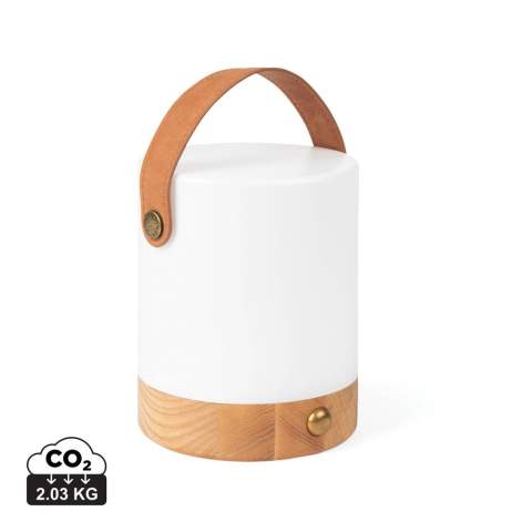 This portable, modern lantern adapts to any occasion. This lamp offers comfortable warm white light with two light modes. Easily adjust brightness with a single touch. With a convenient PU strap it is easy to take to a picnic, out in the garden or wherever you want to add that extra touch. The sleek design makes it a decorative statement piece. This lamp offers up to 10 hours of illumination. Crafted from recycled ABS and acacia wood. Rechargable via USB-C, cable included. Certified by RCS (Recycled Claim Standard), RCS certification guarantees that the entire supply chain of recycled materials is certified. The total recycled content is based on the overall product weight. This product contains 42% RCS certified recycled ABS.<br /><br />Lightsource: LED