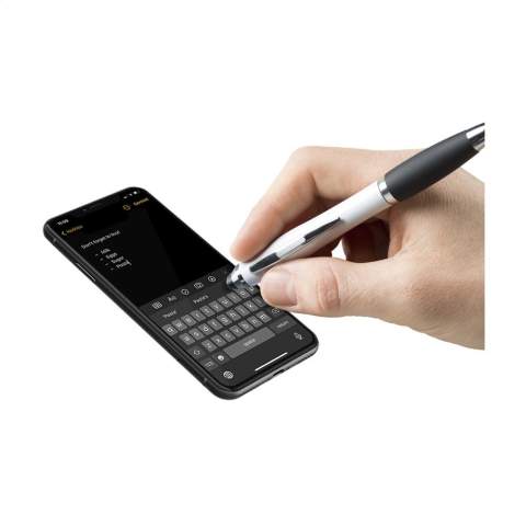 Blue ink ballpoint pen with coloured barrel, rubber grip, glossy accents, recess in metal clip and rubber top/pointer to operate touch screens (eg iPhone/iPad).