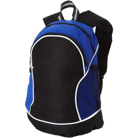 The Boomerang is an eye-catching promotional backpack and is available in several striking colour combinations. With its main zippered compartment, and a front zippered pocket, including a convenient interior organization, the sporty-looking backpack offers plenty of room for carrying large and small items. The side mesh pocket also holds space for small items. It has padded, adjustable shoulder pads and therefore fits every adult. The Boomerang backpack is made of durable 600D polyester, and non-woven polypropylene (80 g/m²).